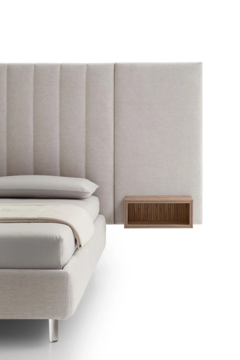 Tile — Contract bed with a vertical padded headboard and side panels with built-in shelves.