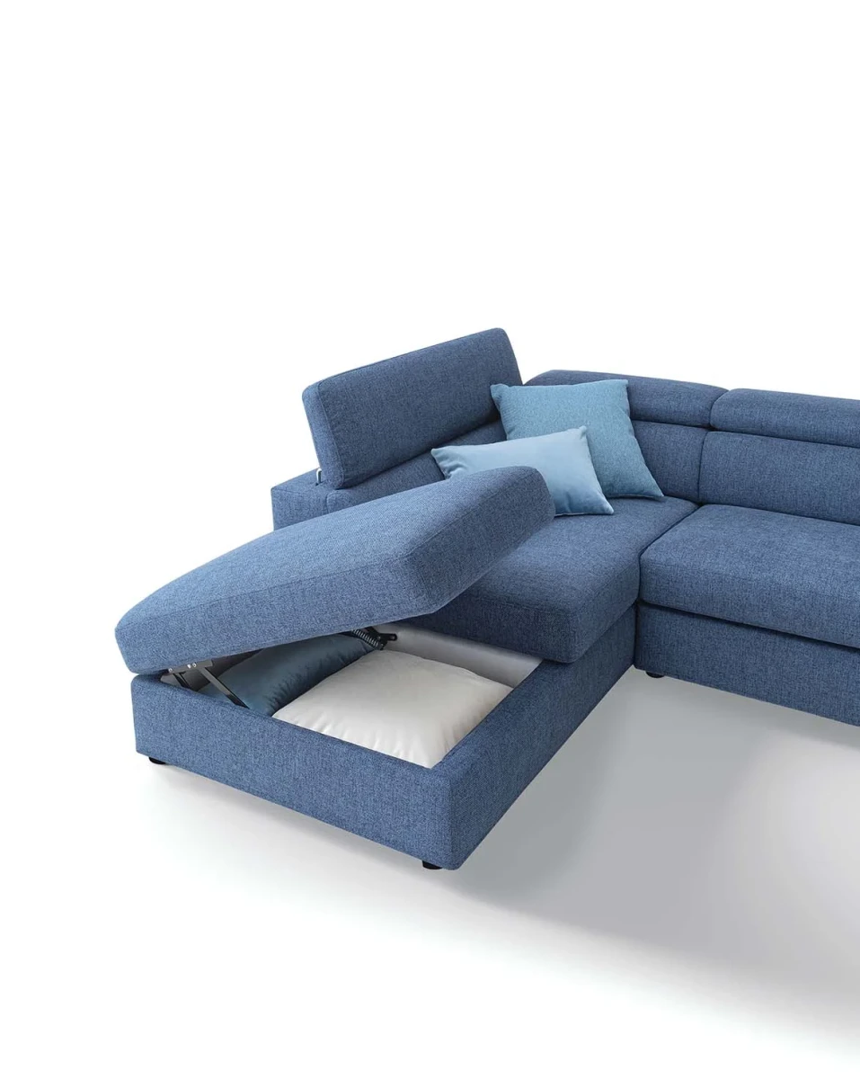 Adela — Classic sofa with storage, adjustable headrests, and extendable footrests. Simple armrests.