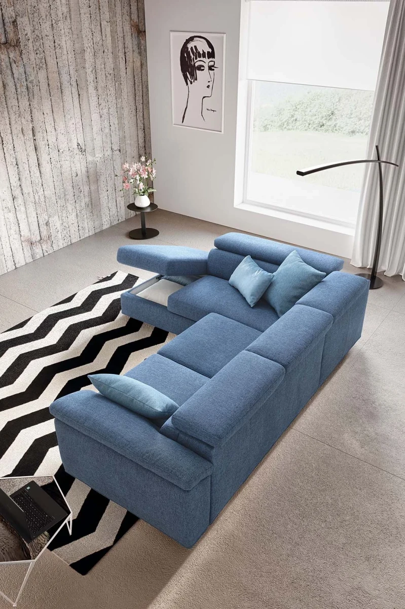 Adela — Classic sofa with storage, adjustable headrests, and extendable footrests. Simple armrests.