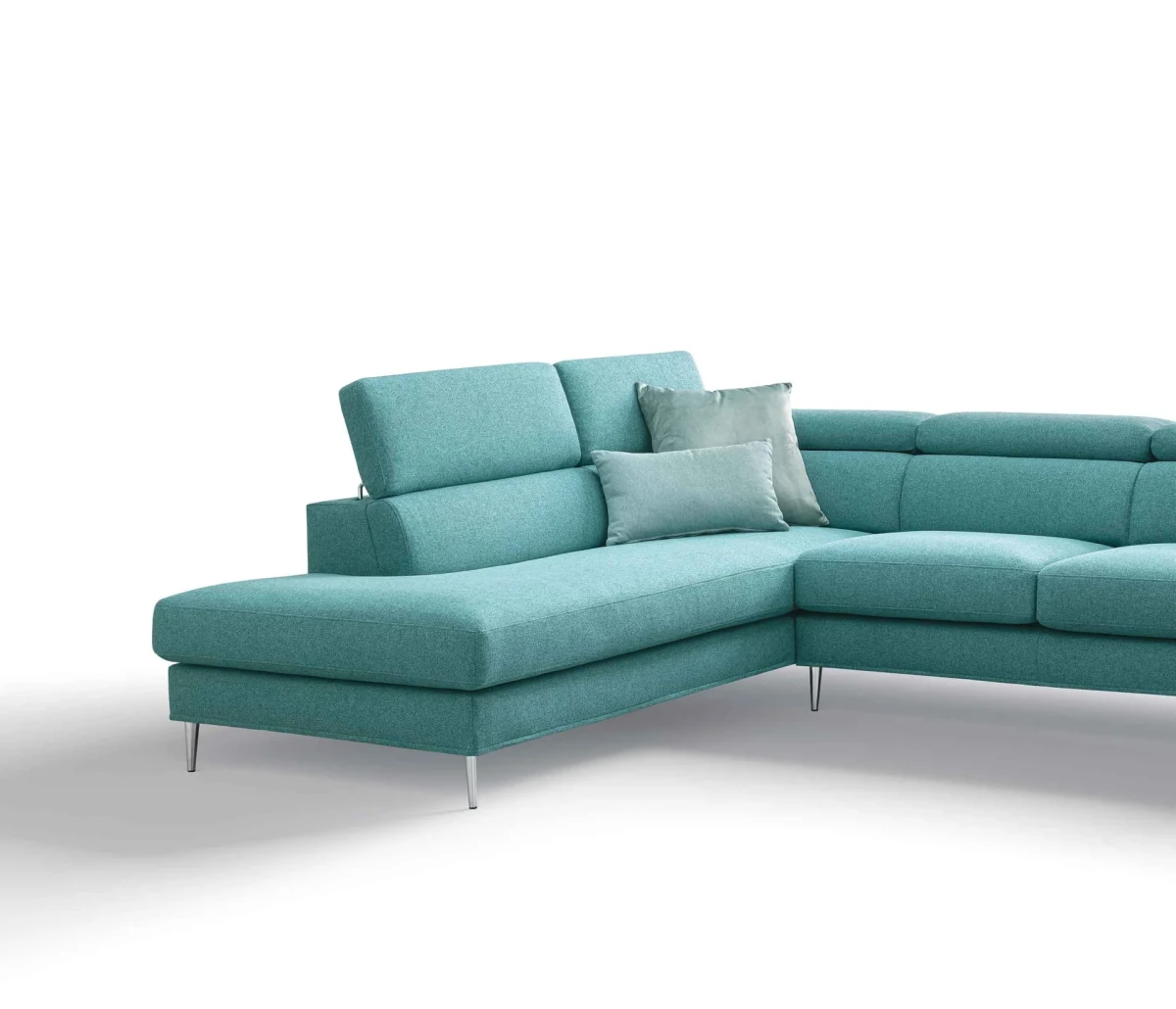 Greta — Modern, minimal sofa with extendable footrest and adjustable headrests.