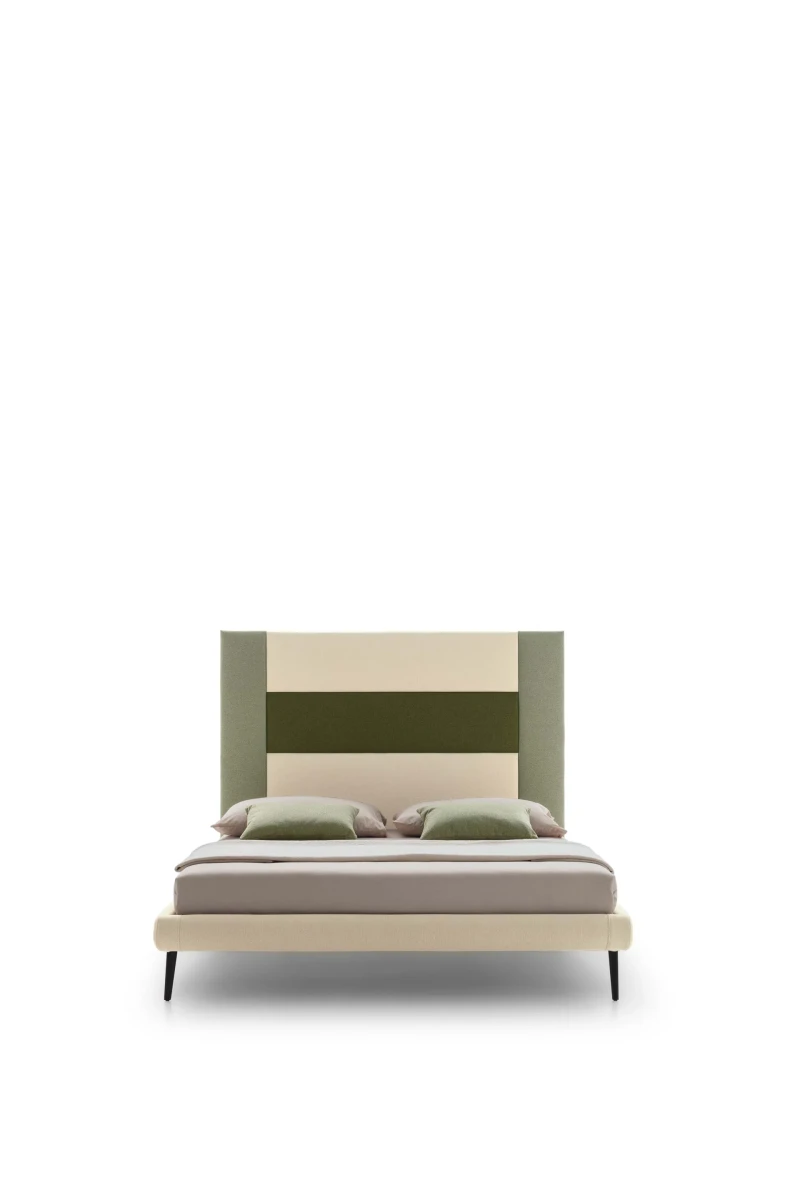 Ground — Contract bed with a headboard made of vertical padded panels.