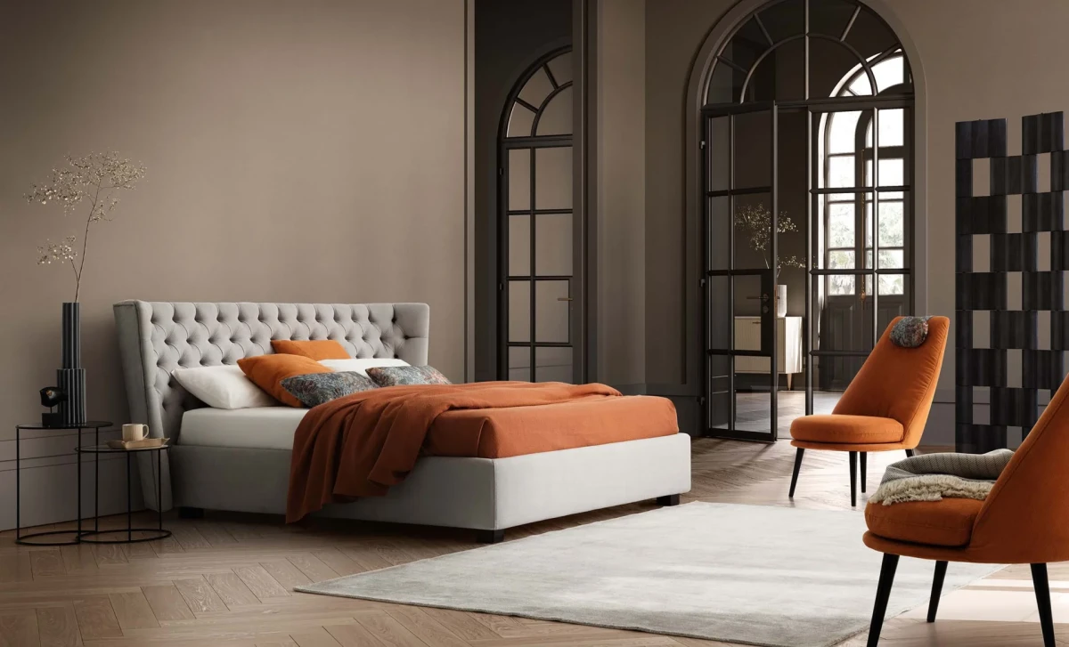 Caravaggio — Classic-style wingback bed with tufted headboard.
