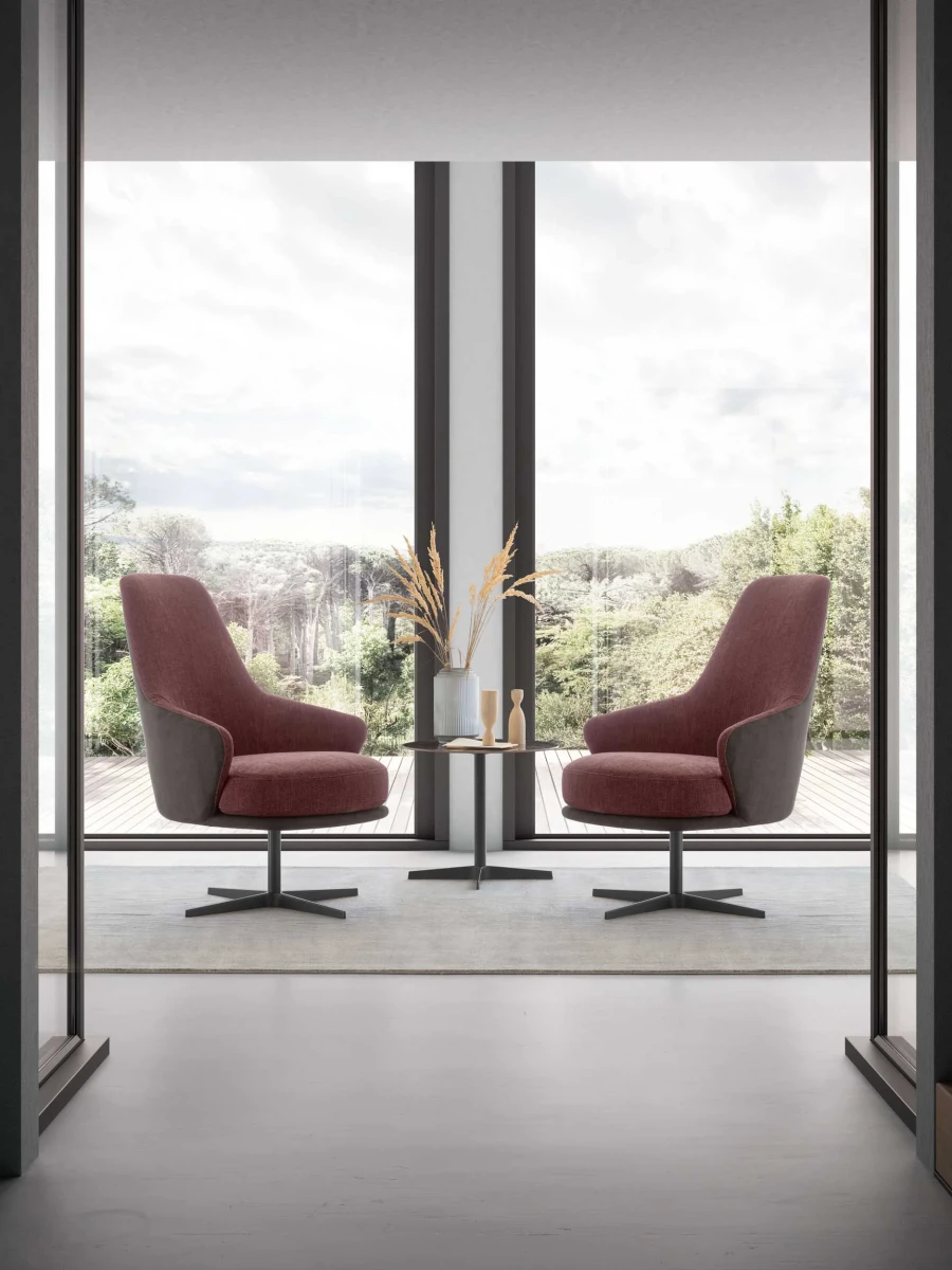 Amy — Modern fixed or swivel armchair with a minimalist design and small armrests.
