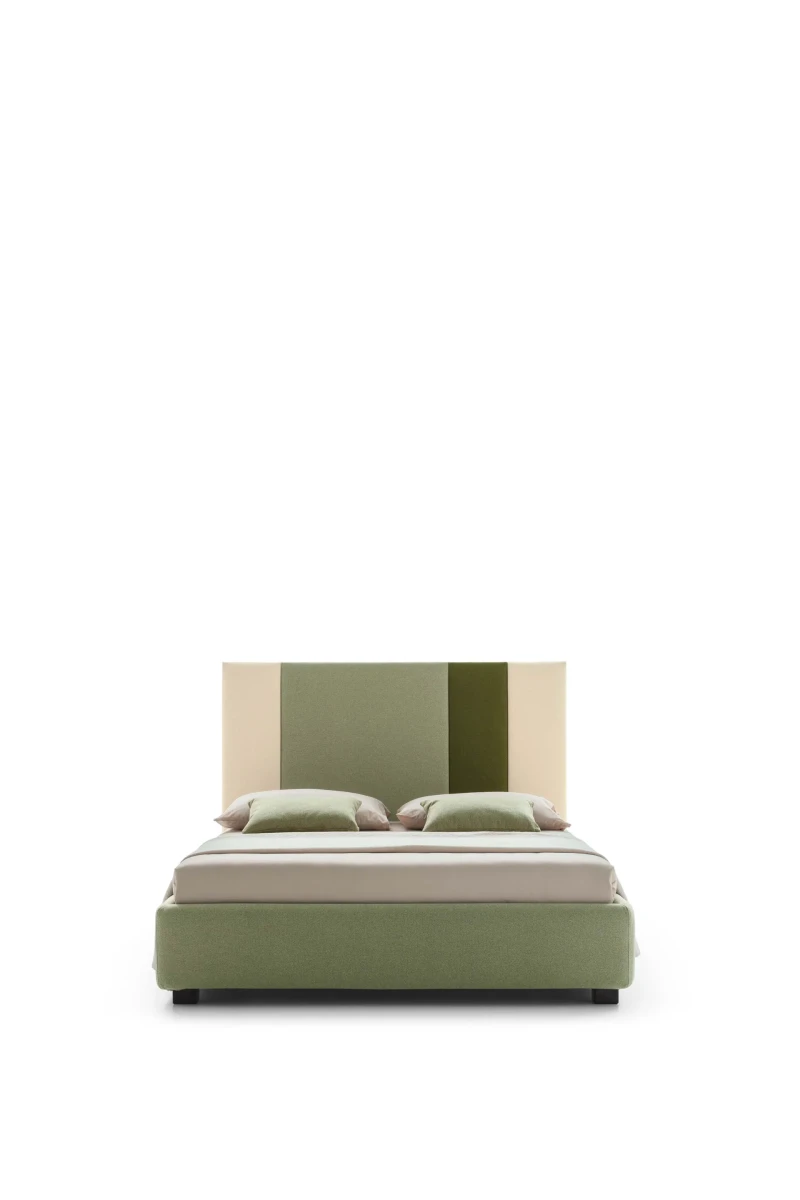 Ground — Contract bed with a headboard made of vertical padded panels.