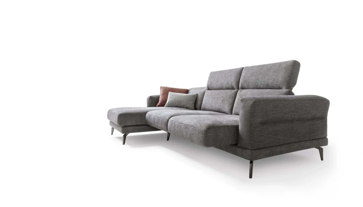 Lambert — Modern sofa with sliding seats, adjustable headrests, and raised borders.