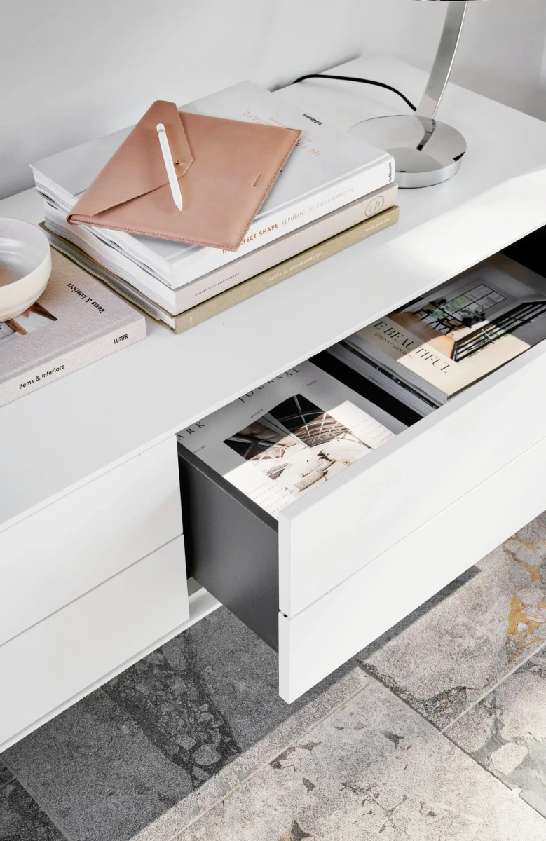 Fermo media unit with drop down door and drawer