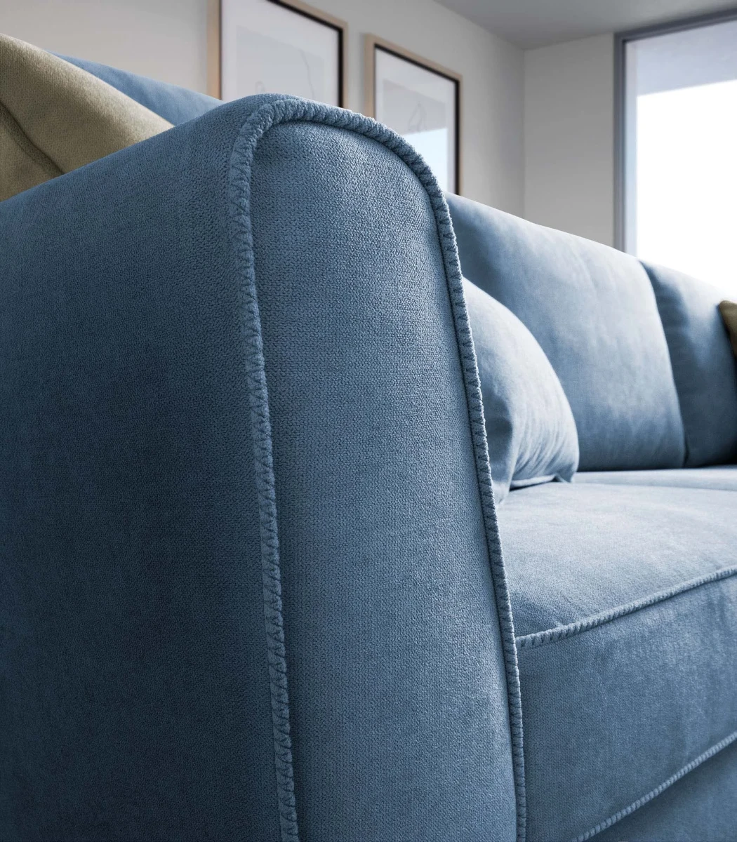 Lola — Space-saving sofa with decorative borders and highlighted stitching.