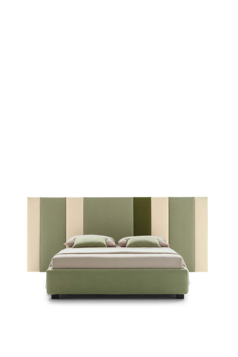 Ground — Contract bed with a headboard made of vertical padded panels.