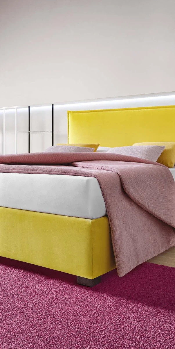 Silene — Minimalist space-saving bed with a straight-line padded headboard.