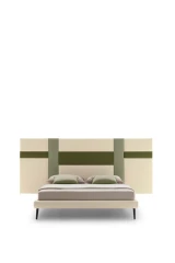 Ground — Contract bed with a headboard made of vertical padded panels.
