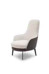 Queen — Fixed or swivel armchair with a high, comfortable backrest. Option for bicolor upholstery and customizable legs.