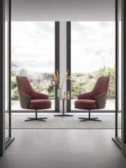 Amy — Modern fixed or swivel armchair with a minimalist design and small armrests.
