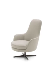 Queen — Fixed or swivel armchair with a high, comfortable backrest. Option for bicolor upholstery and customizable legs.
