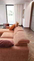 Argo — Contemporary sofa with square armrests, adjustable headrests, and extendable footrests.