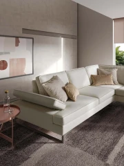 Luis — Sofa with sliding backrest and snap-reclining armrests, finished with elegant borders.