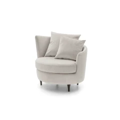 Privè — Elegant armchair with cushions resting on a slim, asymmetrical, and enveloping backrest.