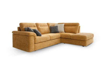 Bellargo — Sofa with asymmetrical corner seating, various backrest heights, storage, and extendable footrest.