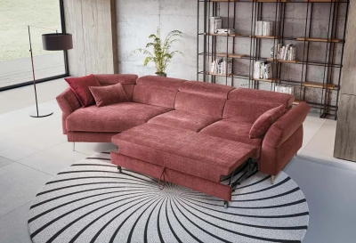 Aurora — Sofa with asymmetrical corner seating, adjustable headrests and armrests, and extendable footrest mechanism.