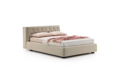 Donovan — Upholstered bed with a headboard equipped with a bookshelf and retractable LED lights.