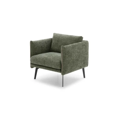 Boon — Modern and minimalist armchair with customizable slim legs and raised edges. Cubic shape.