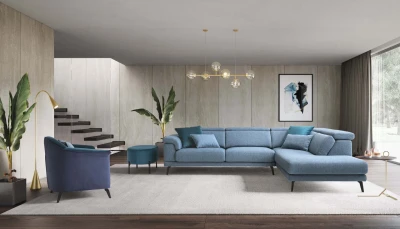 Norton — Modern sofa with extendable seats, adjustable headrests, and decorative borders.