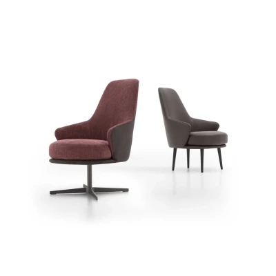 Amy — Modern fixed or swivel armchair with a minimalist design and small armrests.