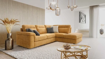 Bellargo — Sofa with asymmetrical corner seating, various backrest heights, storage, and extendable footrest.