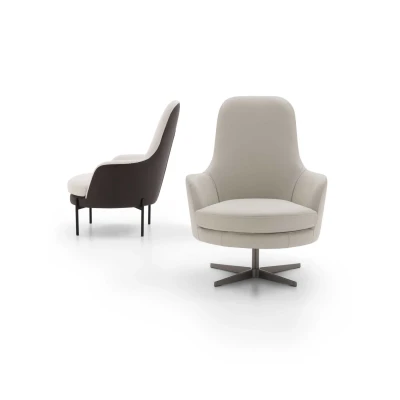 Queen — Fixed or swivel armchair with a high, comfortable backrest. Option for bicolor upholstery and customizable legs.