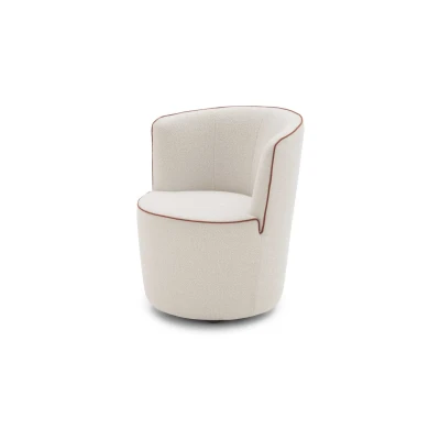 Dafne — Rounded and cozy armchair with barrell-like silhouette and contrasting edge details.
