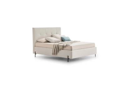 Love — Modern squared bed with light tufting on the headboard and decorative piping.