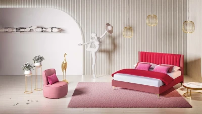 Phlox — Space-saving bed with a vertically channeled padded headboard.