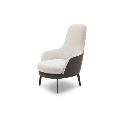 Queen — Fixed or swivel armchair with a high, comfortable backrest. Option for bicolor upholstery and customizable legs.
