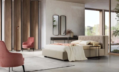 Donovan — Upholstered bed with a headboard equipped with a bookshelf and retractable LED lights.