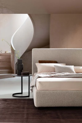 Illy — Modern minimalist bed with a wide, linear headboard.
